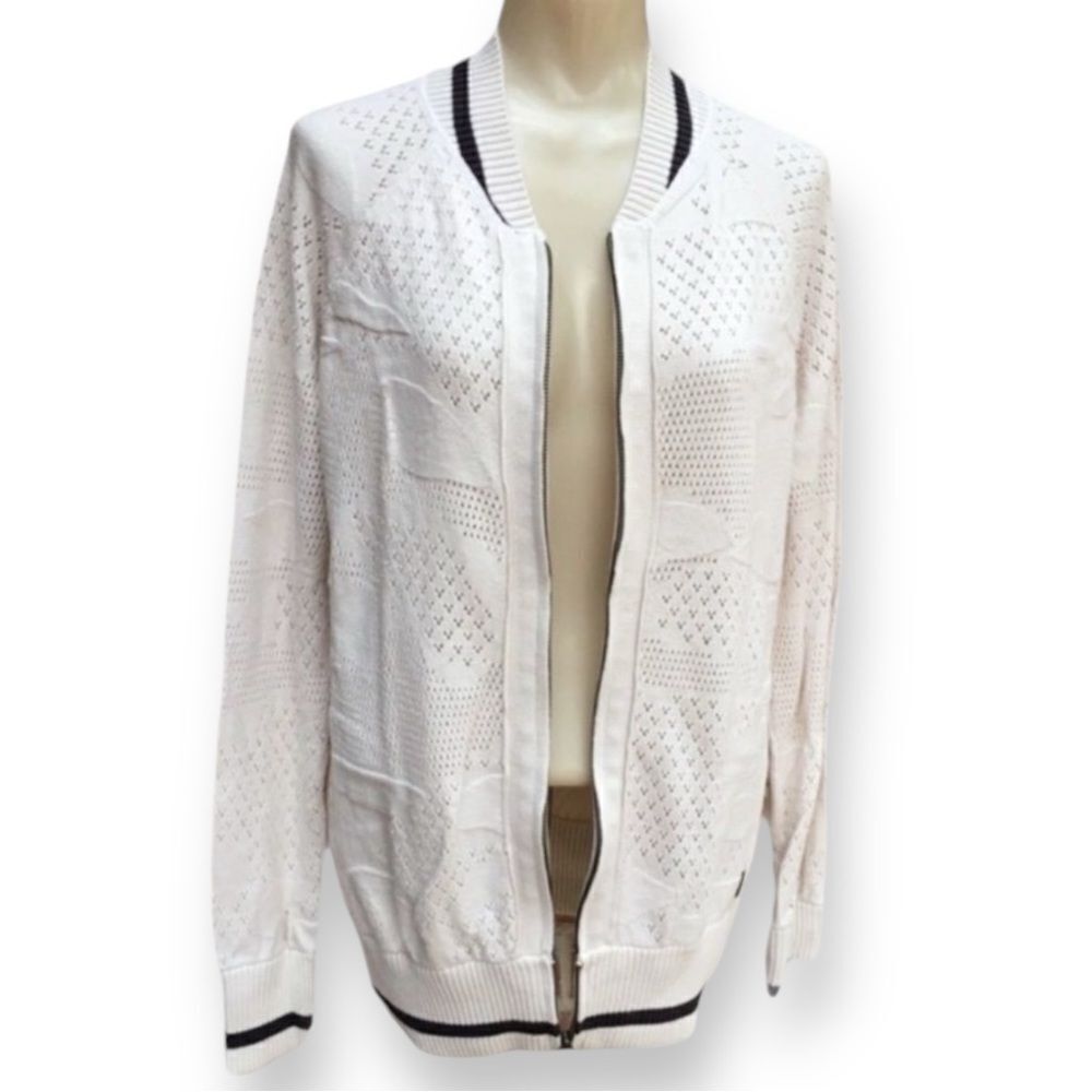 Element Eden Patterned Pointelle Knit Ribbed Knit Trim Full Front Zip Cardigan - Picture 3 of 15